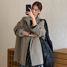批发高级感气质慵懒风设计感双面穿格纹立领质感风衣外套女中长款上衣