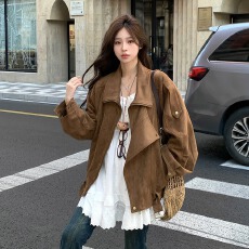 批发麂皮绒机车<b class='q'>外套</b>秋季复古美拉德休闲宽松慵懒翻领廓形感夹克女