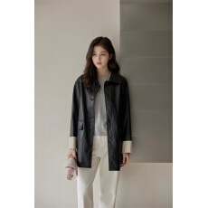 批发法式复古肌理皱感翻领皮衣夹克<b class='q'>外套</b>女秋宽松慵懒风中长款机车服