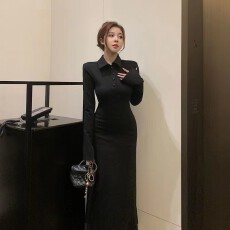 批发法式时尚黑色赫本风衬衫连衣裙新款收腰显瘦气质高级感打底长裙子