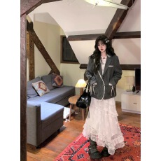 批发Bull0313一个叁漫雪柏林 灰色西装外套少女蕾丝花边毛呢西服