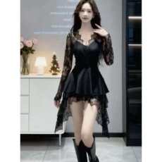 批发秋季新款蕾丝拼接法式<b class='q'>修身</b>长袖收腰短<b class='q'>裙</b>显瘦连衣<b class='q'>裙</b>爆款性感短<b class='q'>裙</b>