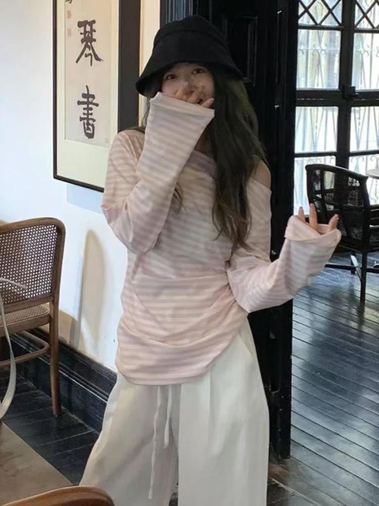 프랑스식 핑크색 스트라이프 비스듬한 어깨 긴팔 티셔츠 여성 봄 여름 새로운 자외선 차단 블라우스 얇은 스타일 디자인 센스 맨위