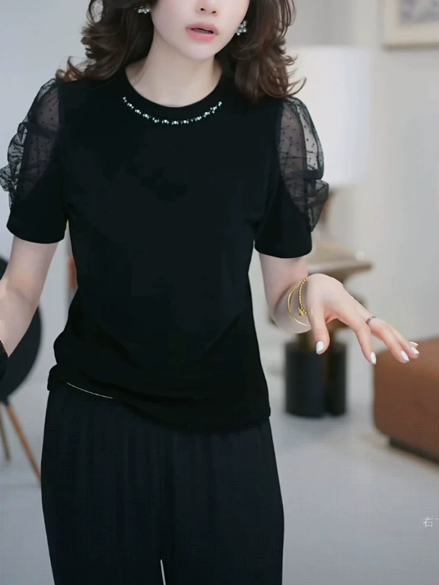 무거운 작업 비즈 박기 레이스 조각 반팔 동정 여성 2026 여름 새로운 한국 스타일 라운드 넥 루즈핏 외국 가스 맨위 트렌디