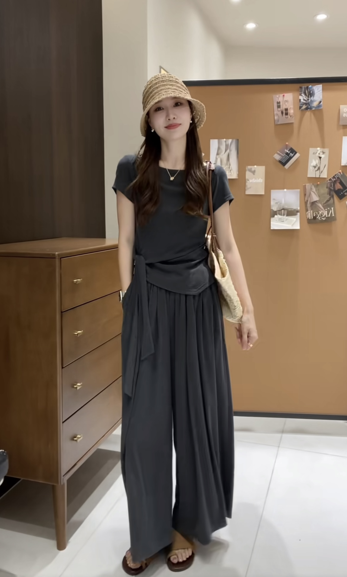 imfly 골드 샤 징 직접 만든 여성 의류 세트 dyw0930 여름 스트랩 디자인 t+ 루즈핏 넓은 다리 캐주얼 바지