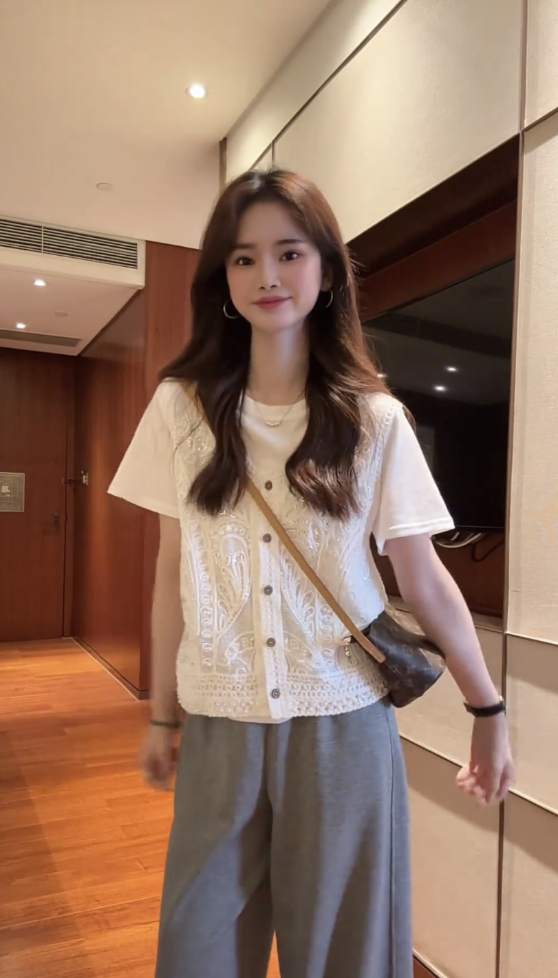 나인 리 화이트 구슬 세트 프랑스식 자수 비즈 박기 홀로우 아웃 베스트 반팔 티셔츠 캐주얼 긴 바지 세트