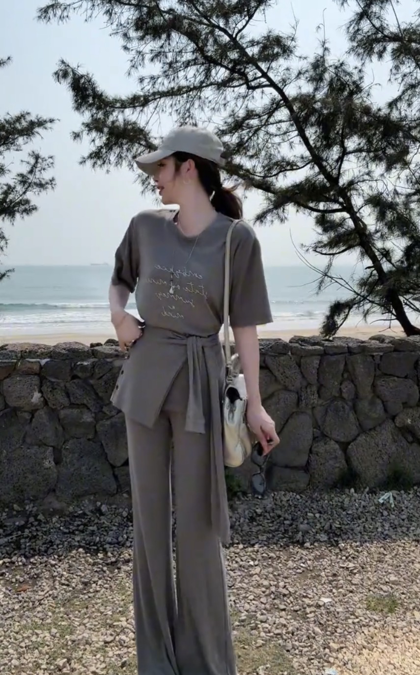 wu11 오리지널 다용도 라운드 넥 루즈핏 반팔 티셔츠 허리 인감 높은 허리 바지 패션 3종 세트