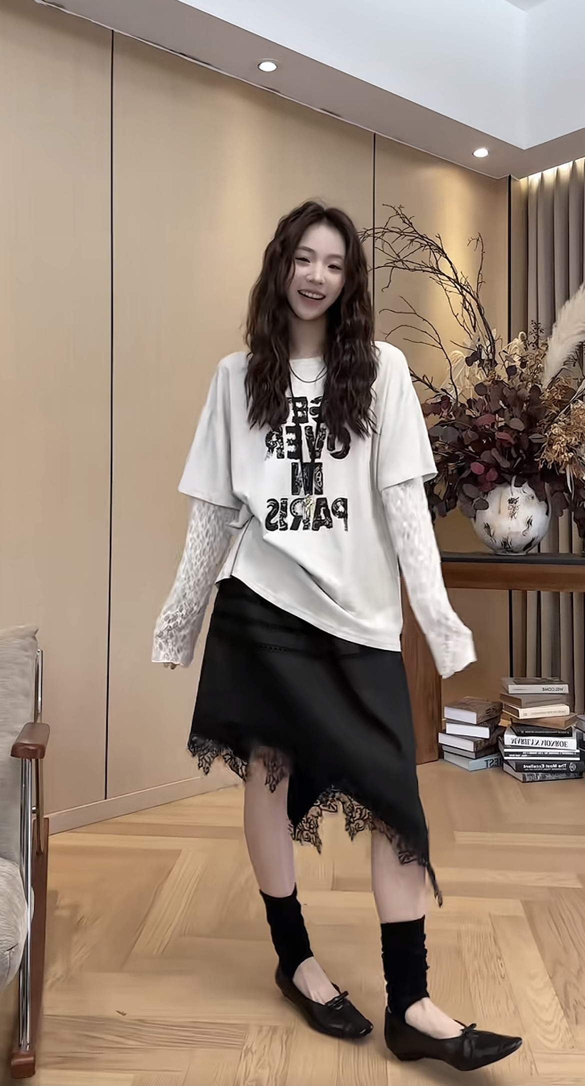 작은 조용한 잠시 레이스 조각 반팔 t 경 사진 반 스커트 세트