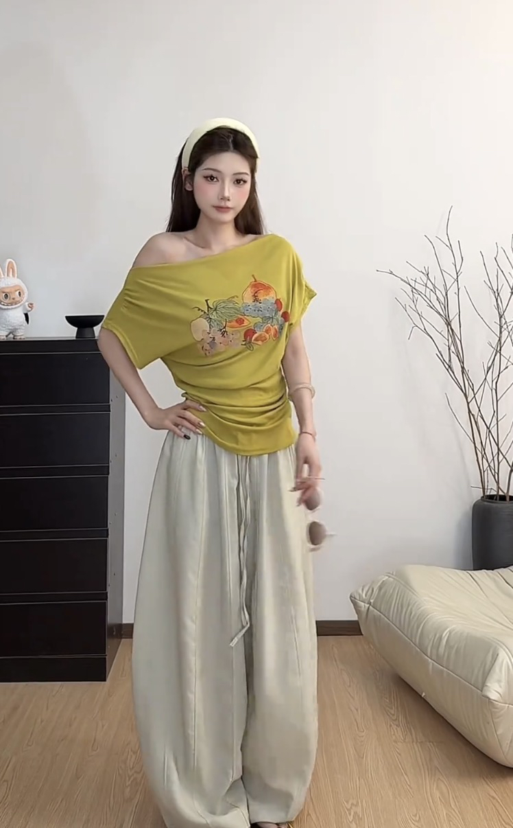 과일 party 품격 캐주얼 한 부서 재미있는 프린트 다용도 허리 수축 얇은 작은 셔츠 슬림해 보이는 바지