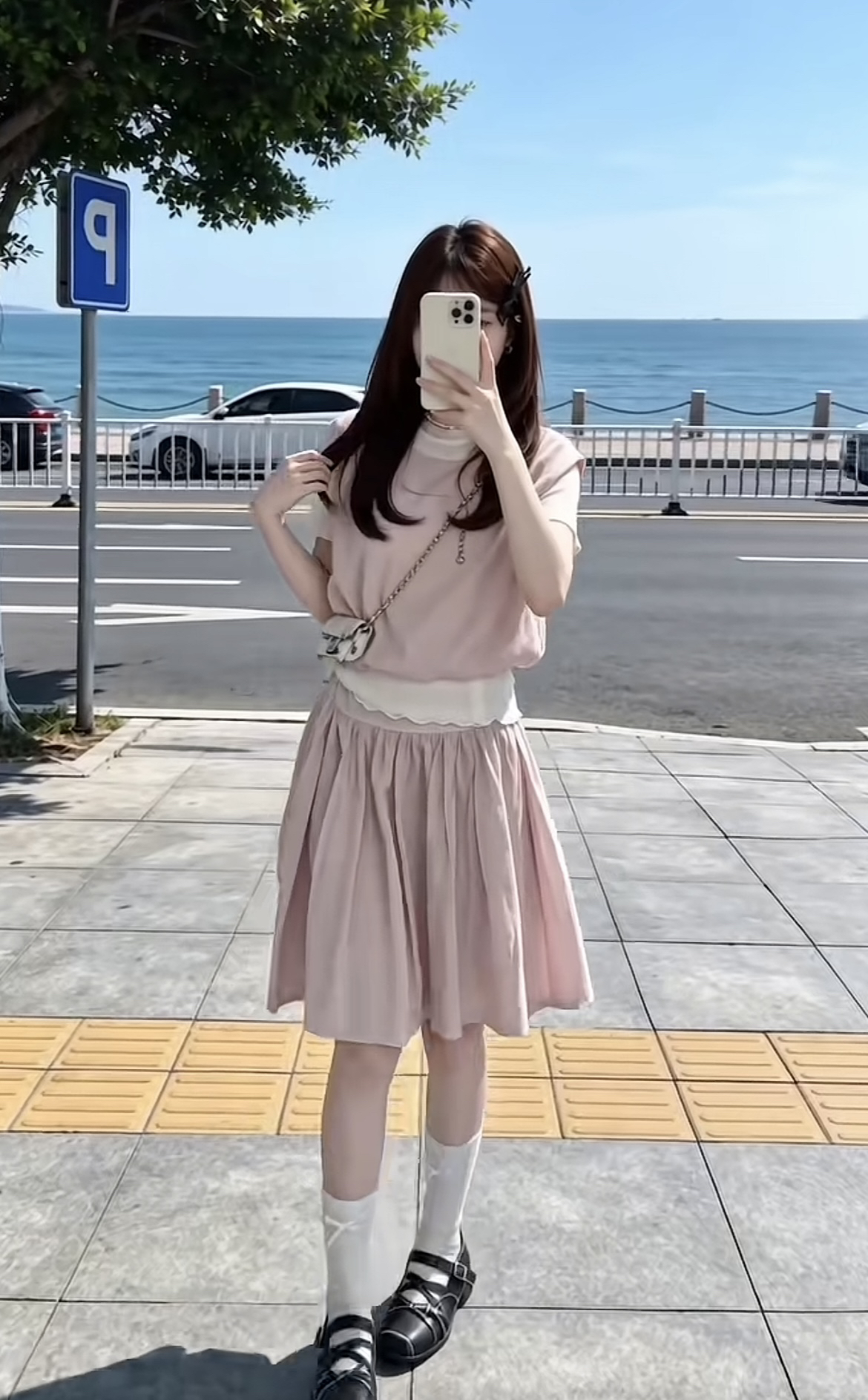 xianzai 벚꽃 우유 냉동 여름 새로운 스카프 망사 반팔 조끼 미니 스커트 사피스 세트 로드 중