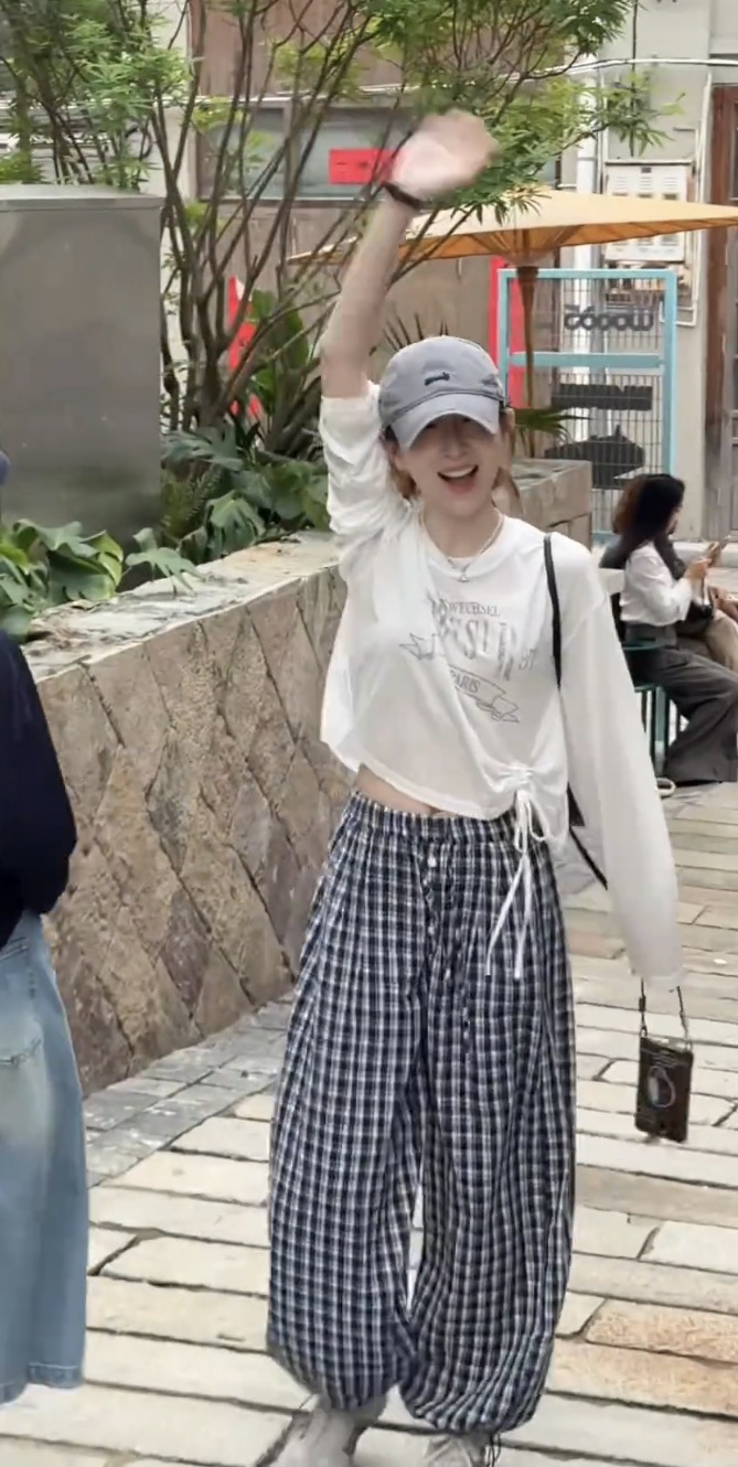 요정 블라우스 여름 새로운 한 부서 슬림해 보이는 캐주얼 루즈핏 다용도 알파벳 블라우스 체크무늬 바지 세트
