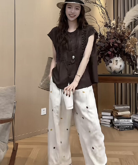 작은 조용한 잠시 플리츠 라미 셔츠 여름 새로운 다용도 슬림해 보이는 맨위