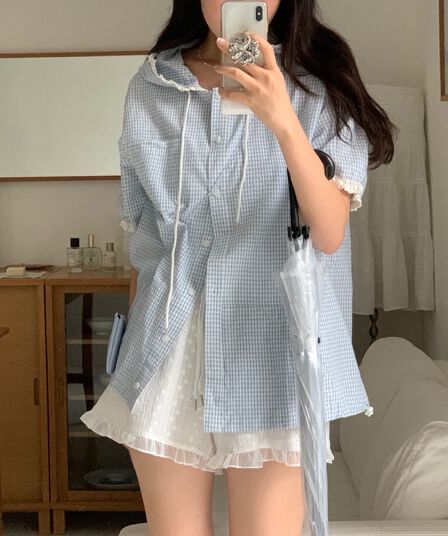 한국 ins 일본식 문예 레트로 체크무늬 후드 레이스 반팔 여성 셔츠 여름 루즈핏 슬림해 보이는 맨위