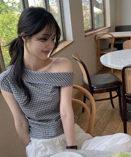 한국 chic 달콤함 소녀 세련된 다용도 디자인 센스 펌프 Pleat 비스듬한 칼라 오프숄더 체크무늬 여성 셔츠
