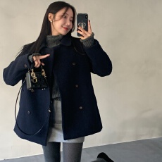 批发韩国东大门气质温柔减龄复古双排扣<b class='q'>翻领</b>小个子毛呢大衣外套