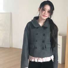 批发现~韩国东大门复古气质设计感翻领双排扣显瘦小个子短款毛呢外套