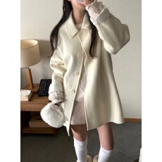 批发<b class='q'>韩国</b>chic温柔气质甜美减龄袖口拼接<b class='q'>蕾丝</b>宽松中长款毛呢外套