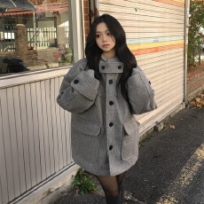 批发有货 <b class='q'>韩国</b>chic复古气质学院风连帽系扣口袋小个子大衣毛呢外套<b class='q'>女</b>