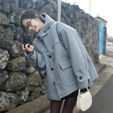 批发有货 韩国chic复古气质休闲冬日氛围感连帽口袋短款大衣毛呢外套