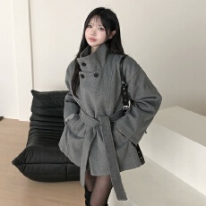 批发<b class='q'>韩国</b>chic复古气质高级感立领夹棉系带毛呢外套小个子大衣<b class='q'>女</b>