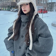 批发<b class='q'>韩国</b>chic复古气质立领单排扣口袋小个子毛呢外套夹棉大衣<b class='q'>女</b>