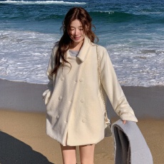 批发有货 韩国chic冬超好看气质高级感双排扣白色毛呢外套小个子<b class='q'>大</b>衣