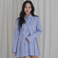 批发韩国东大门春季新款气质百搭条纹<b class='q'>翻领</b>交叉领带长袖衬衫<b class='q'>连衣裙</b>