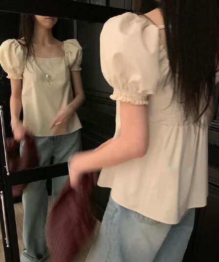 한국 chic 프랑스식 품격 광장 칼라 캐주얼 미니멀리즘 뒤로 나비 넥타이 거품 소매 셔츠 맨위