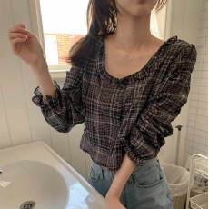 批发韩国 chic法式复古格纹<b class='q'>衬衫女</b>木耳边收腰小众设计感上衣