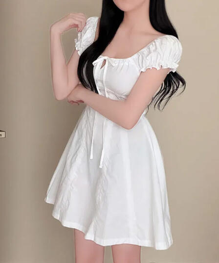 한국 chic 덜 여자 칼라 거품 소매 드레스 레이스업 허리 수축 달콤함 작은 키 한 마디 미니 스커트