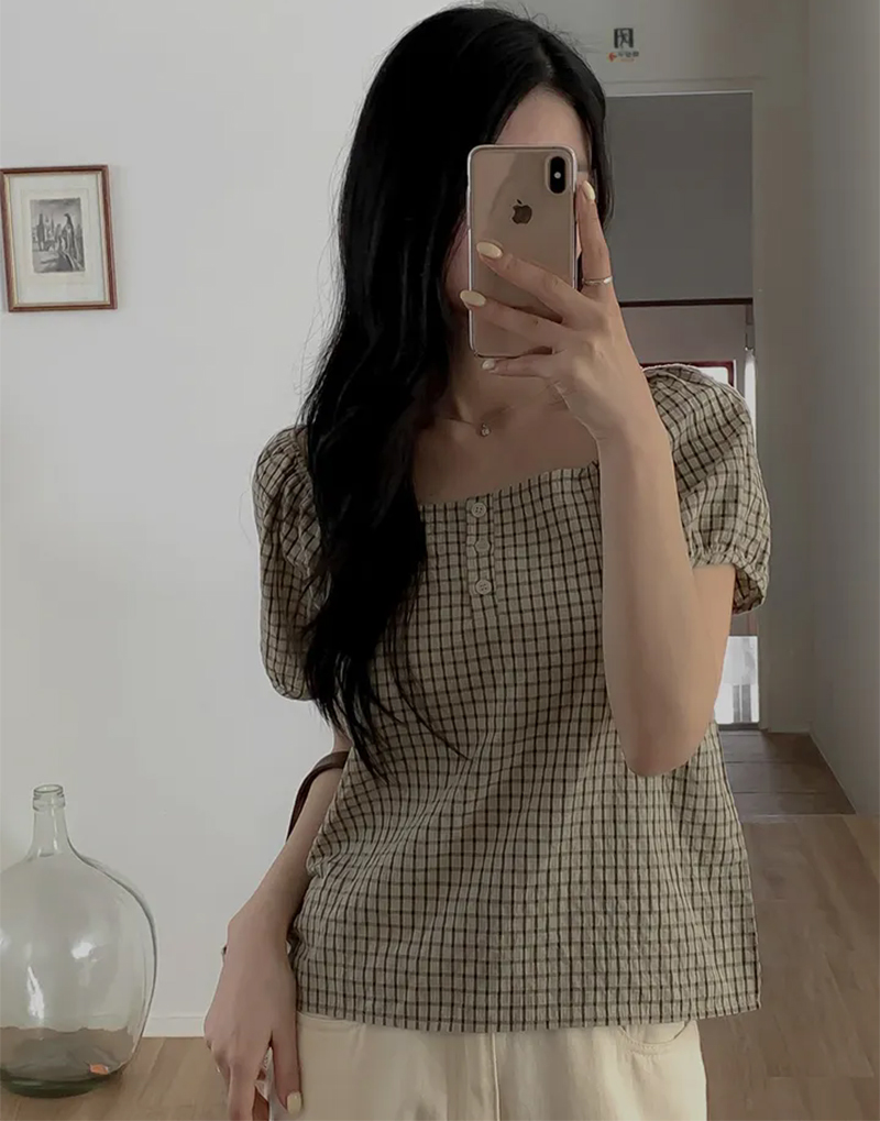 한 부서 레트로 체크무늬 광장 칼라 거품 소매 셔츠 품격 미니멀리즘 쇼트 스타일 다용도 맨위