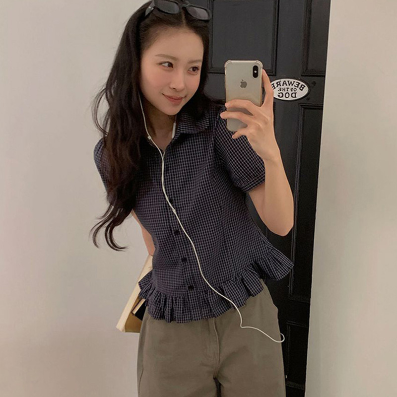 한국 동대문 미니멀리즘 레트로 체크무늬 셔츠 연령 감소 폴로 칼라 허리 수축 프릴 셔츠