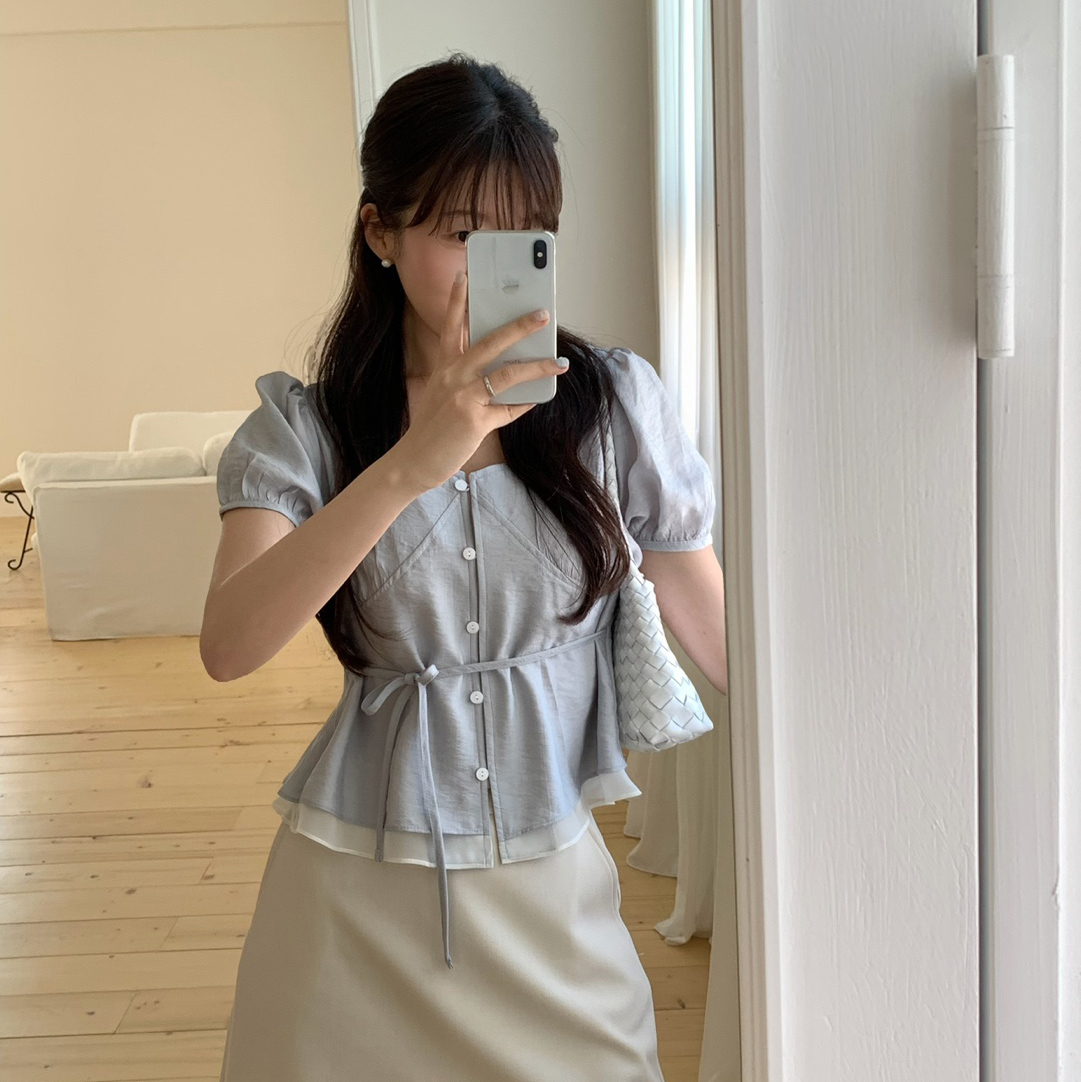 한 부서 프랑스식 품격 V넥 거품 소매 셔츠 허리 수축 레이스업 패치워크 밑단 반팔 맨위