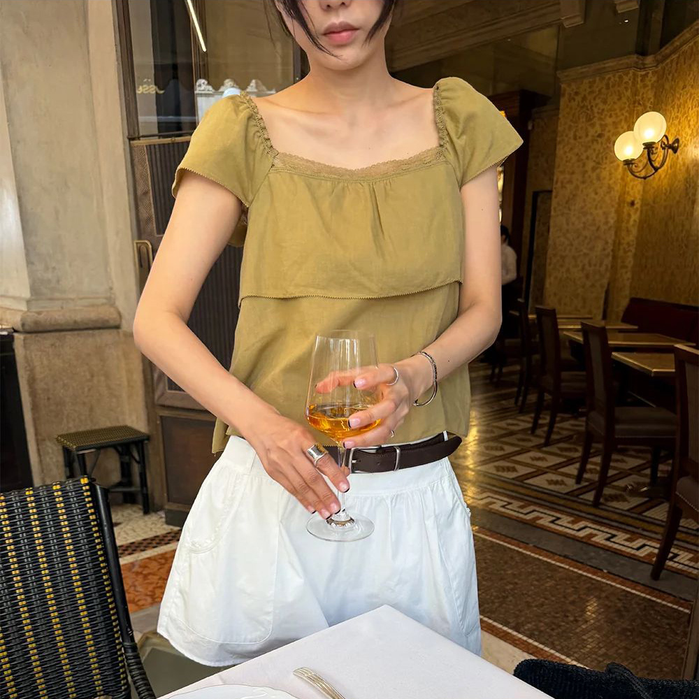 한 부서 chic 프랑스식 복잡한 고대 칼라 셔츠 부드러운 레이스 레이스 반팔 맨위