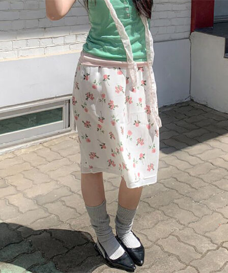 한국 chic 레트로 작은 장미 꽃 연령 감소 꽃무늬 허리밴드 반신 스커트
