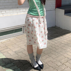 批发韩国chic复古小玫瑰花朵减龄碎花松紧腰半身裙