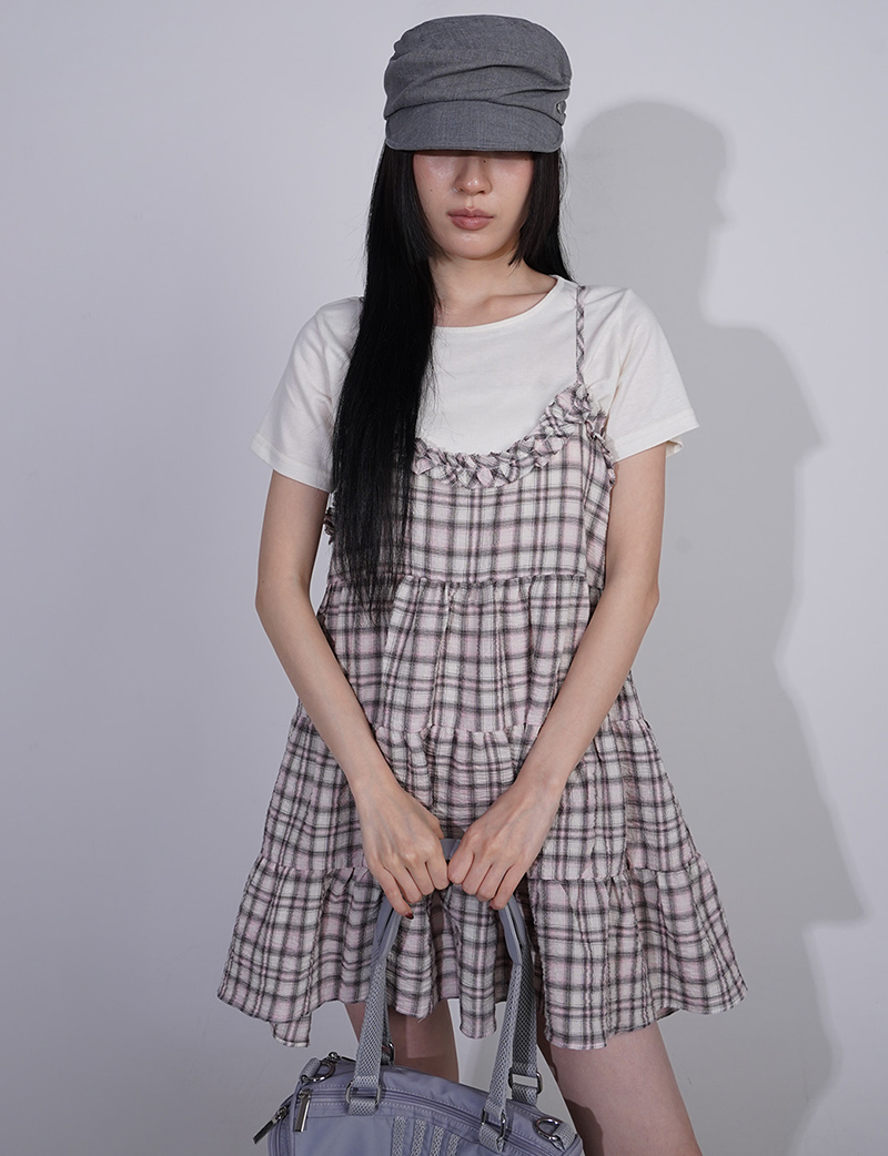 한 부서 레트로 체크무늬 프릴 슬립 드레스 루즈핏 레이어링 케이크 드레스 느긋한 슬림해 보이는 작은 키 드레스