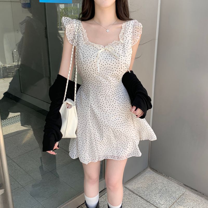 한 부서 부드러운 레이스 레이스 도트 무늬 슬립 미니 스커트 나비 매듭 허리 수축 작은 키 드레스