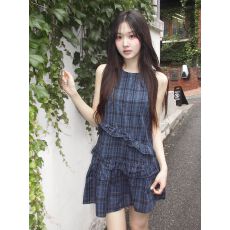 韩系复古格子无袖连衣裙不规则木耳边小个子减龄背心短裙