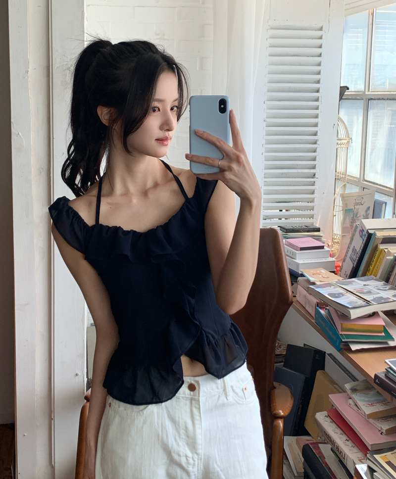 한 부서 불규칙 프릴 행침 목 슬립 몸매 가꾸기 쇼트 스타일 민소매 순수한 욕망 작은 조끼