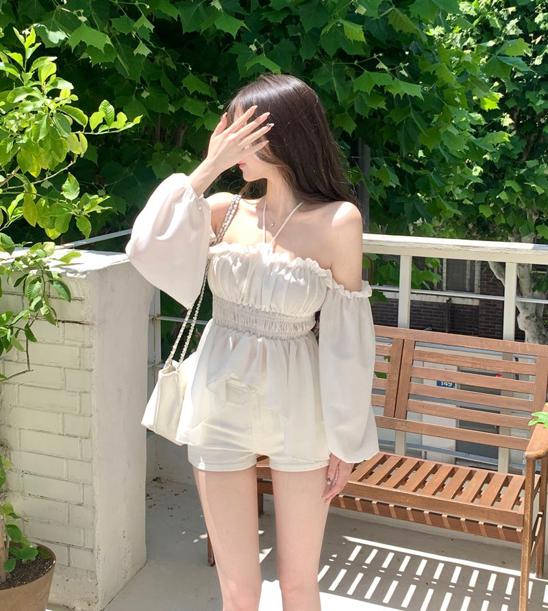 한 부서 행침 목 오프숄더 쉬폰 셔츠 거품 소매 밴딩 허리 수축 연꽃 잎 맨위