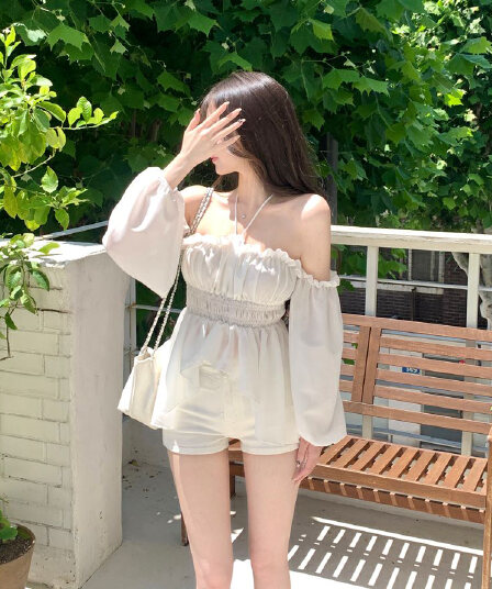 한 부서 행침 목 오프숄더 쉬폰 셔츠 거품 소매 밴딩 허리 수축 연꽃 잎 맨위