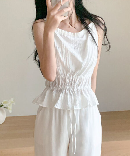 한 부서 주름 허리 수축 캐미솔 허리 연꽃 잎 밑단 질감 센스 인사이드 잡아라. 의류