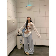 批发实拍实价 雪花棉长袖T恤防晒衫打底衫宽松印花罩衫休闲格子裤