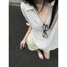 批发实拍实价  “财富低语”亚麻定制拉链正肩<b class='q'>衬衫</b>条纹翻领外套