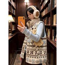 批发实拍实价  费尔岛毛领马甲背心新款复古学院毛绒茸无袖外套女