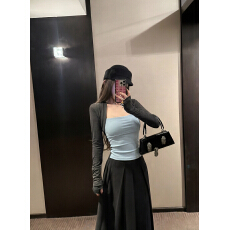 实拍实价 撞色拼接腰针织衫女冬季韩系修身显瘦打底上衣