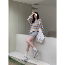 实拍实价  撞色条纹针织防晒宽松百搭长袖罩衫上衣