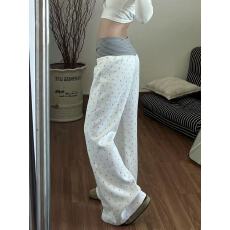 波点休闲裤女冬日新款时尚个性高街松驰风拼接腰头白色印花卫裤子