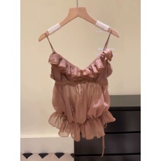 批发性感辣妹荷叶边<b class='q'>雪纺</b><b class='q'>吊带</b>背心女秋冬季设计感小众收腰修身短款上衣